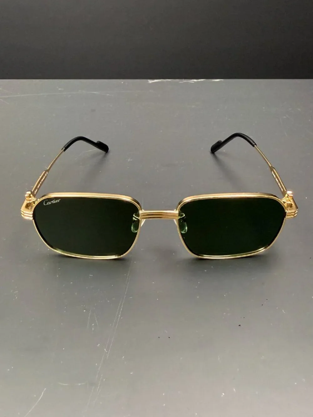 High‑End Designer Style Sunglasses, Slim Gold Metal Rectangle Frame Brown Lens F